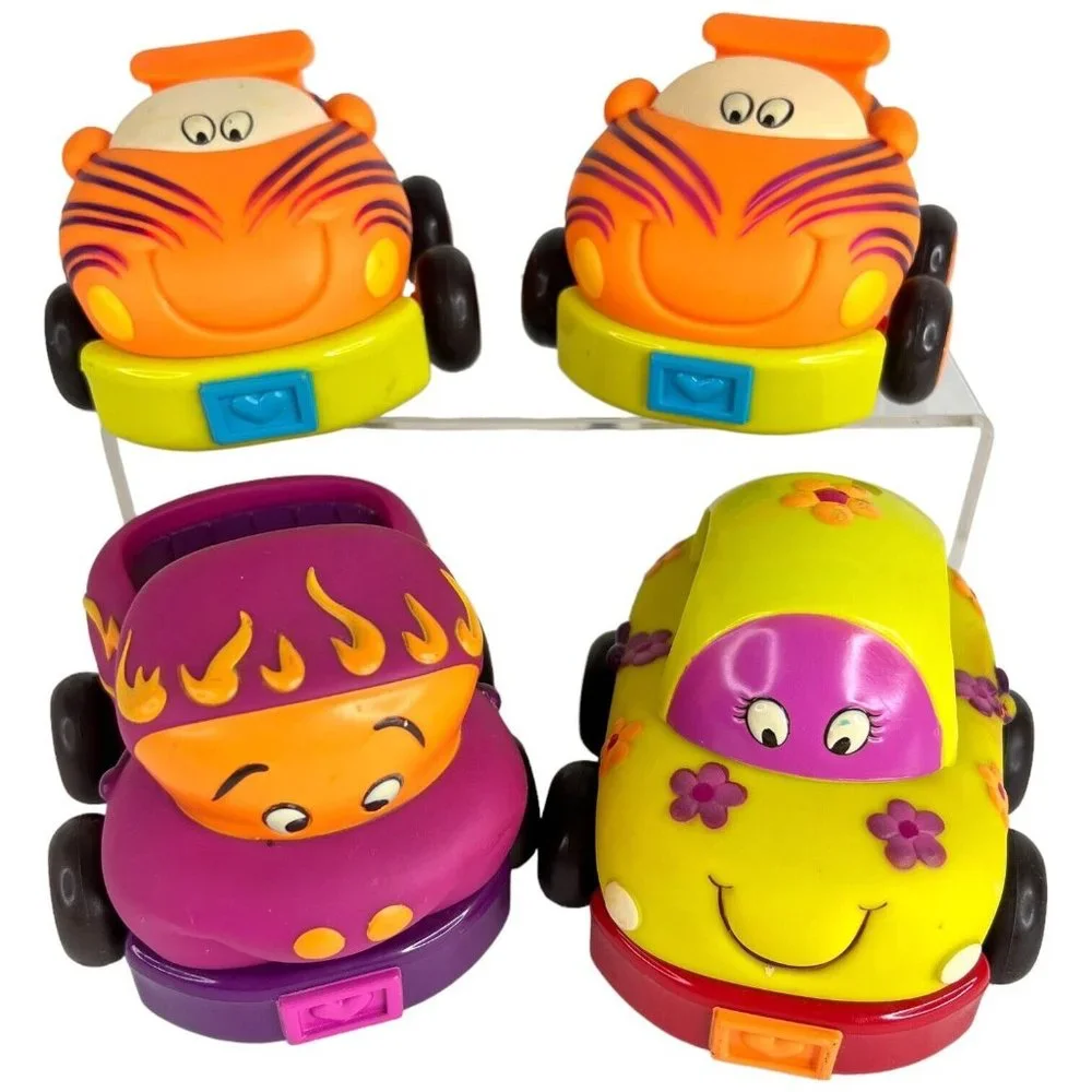 Battat‎ Just B You Pull Back And Go Set Of 4 Rubber Friction Toy Cars Tiger Lot